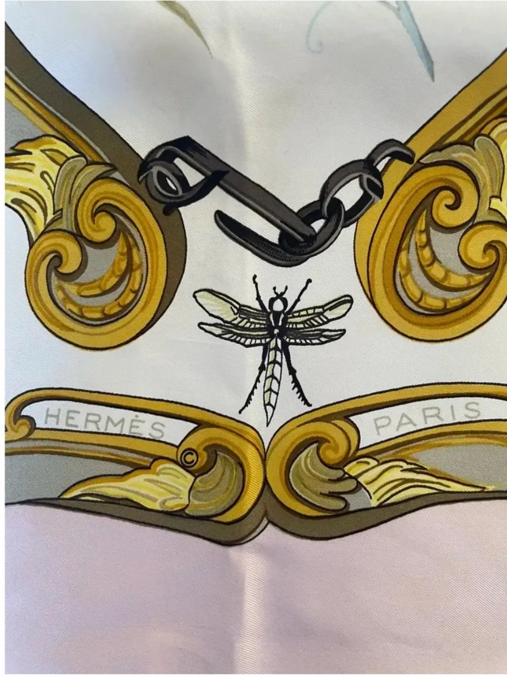 Hermes Silk Scarf in Pale Pink, Gold, White